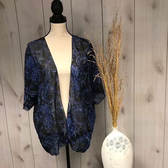 Floral Sheer Flowy Kimono Duster Black & Blue M/L - Picture 2 of 6